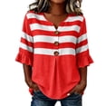 thumbnail image 2 of Wovilon Summer Casual V Neck Striped Blouse for Women, 3/4 Ruffle Sleeve Button Down Front with Pleated Detail, Relaxed Fit Everyday Vacation Outfit, 2 of 6