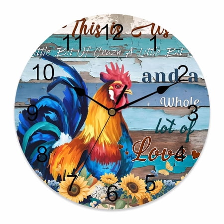 Wall Clock Farm Rooster Sunflower Clocks PVC Silent Non-Ticking Battery Operated Decorative Blue Wood Grain Chicken Animal Round Clock for Home Living Room Kitchen Bedroom Office Wall Decor 10 Inch