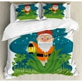 thumbnail image 1 of Gnome Duvet Cover Set Queen Size, Character Dwarf with Lantern on Grass Meadow with Shamrock Leaves at Night, Decorative 3 Piece Bedding Set with 2 Pillow Shams, Multicolor, by Ambesonne, 1 of 3