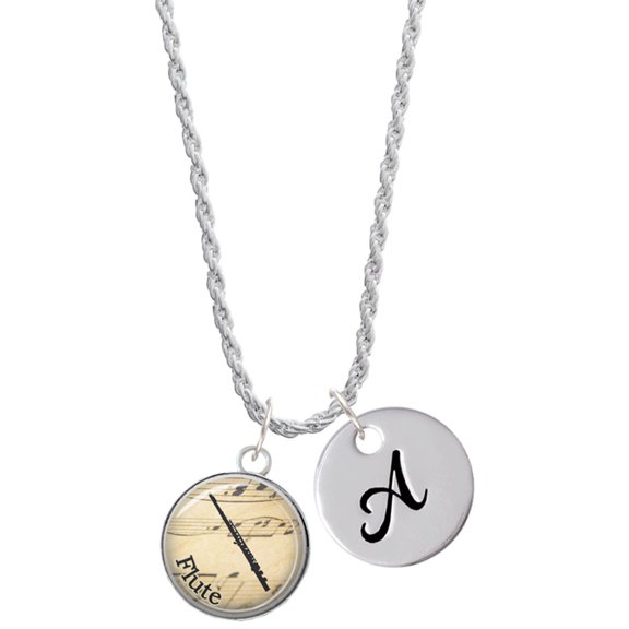 Delight Jewelry Silvertone Domed Music - Flute Silvertone Script Initial Disc - A - Charm Necklace, 20" 3"