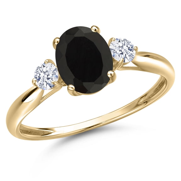Gem Stone King 10K Yellow Gold Black Onyx and White Zirconia 3-Stone Ring for Women | 1.82 Cttw | Oval 8X6MM | Gemstone December Birthstone | Size 7