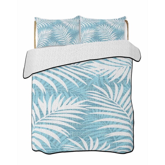 Quilts Full Size Bedding Set, Teal Blue Palm Leaf Lightweight Quilted Comforter, Summer Coastal Botanical Tropical Soft Reversible Bedspread Coverlet with Pillow Covers for All Season, 78" x 90"