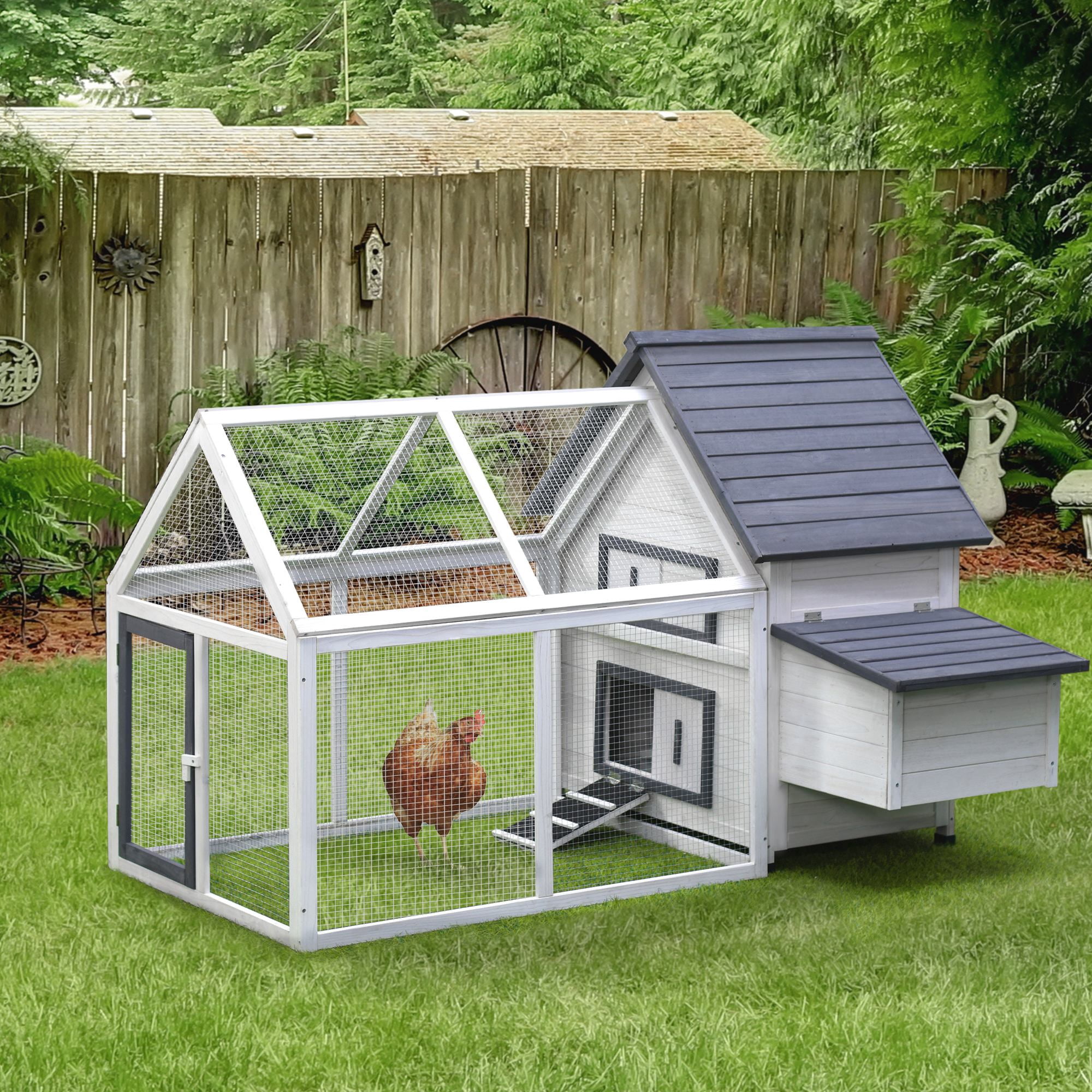 PawHut 65" Chicken Coop Wooden with Detachable Run for Backyard, Gray