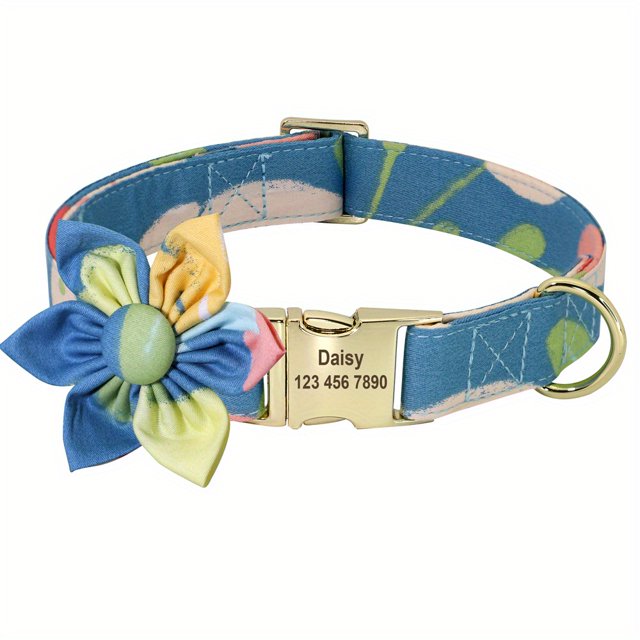 Dosaele Personalized Dog Collar with Floral Engraving - Adjustable Nylon Flower Buckle Durable & Comfortable for Small Medium & Large Dogs Stylish Paw Print Design Secure Fit Dog Col