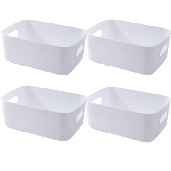 Trianu Desktop Storage Box, 4 Pack Plastic Storage Bin with Cutout Handles, Household Socks Cosmetics Storage Basket for Bathroom, Kitchen, Countertop, Cabinet, 9.64*6.3*3.93 in, White
