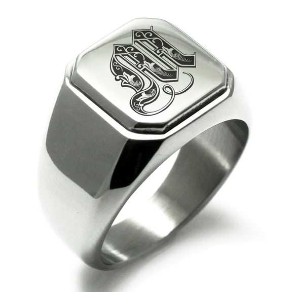 Tioneer Stainless Steel Letter M Initial Royal Monogram Engraved Engraved Square Flat Top Biker Style Polished Signet Ring