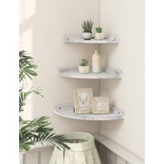 Afuly Corner Floating Shelves Wall Mounted, Rustic Pine Wood Corner Floating Shelf Set of 3, Distressed White Corner Wall Shelves for Living Room Kitchen Bedroom Bathroom, 9.68x9.68 Inch