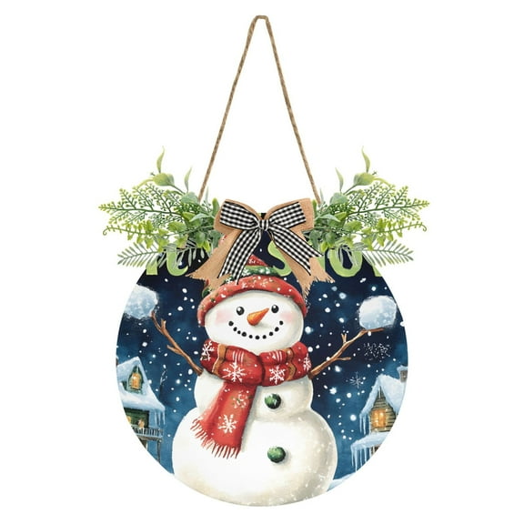 Christmas Snowman Front Door Porch Decoration Hanging Sign with Artificial Green Plants and Bow for Home Outdoor Indoor