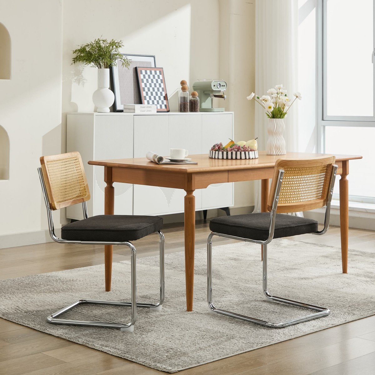 Dining Chairs Set of 2, Mid Century Modern Velvet Accent Chairs with Natural Rattan Back, Chrome Cantilever Base, Black
