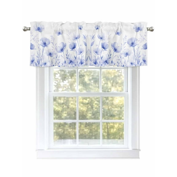 Vintage Floral Valances for Windows, Rod Pocket Kitchen Valance Curtains - Soft & Washable Small Window Treatment for Living Room, Bathroom, Watercolor Flowers Blue 54x18inch, 1 Panel