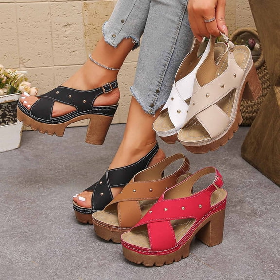 Women's Block Heel Platform Sandals Peep Toe Crisscross Strap Casual Summer Shoes with Adjustable Buckle Studded Detail Non Slip Comfortable High Heel Sandals for Women