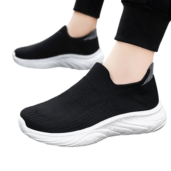 HTHLVMD Men's Knit Mesh Slip-Ons, No-Lace Comfort Sneakers, Lightweight Walking Shoes, Women's Walking Shoes Slip On Sneakers Comfort Lightweight Non Slip Workout Gym Nurse Shoes, Black 7