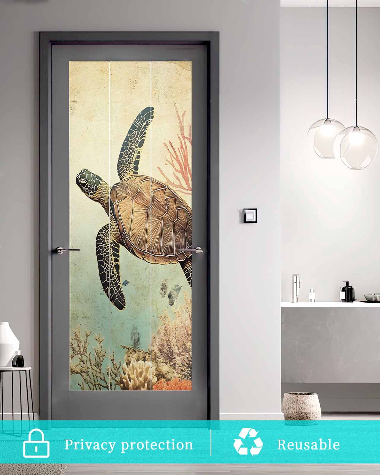 Window Privacy Film Retro Turtle Stained Glass Window Film Decorative Sun Block Window Cover Ocean Coral Reef Coastal Underwater Sea Window Clings Static Adhesive Sticker for Bathroom 23.6"x59"