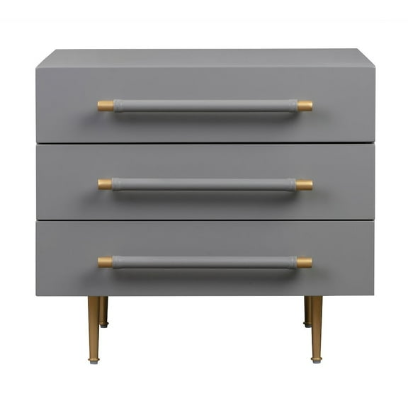 Trident 3 Drawer Grey Nightstand With Brass Accents