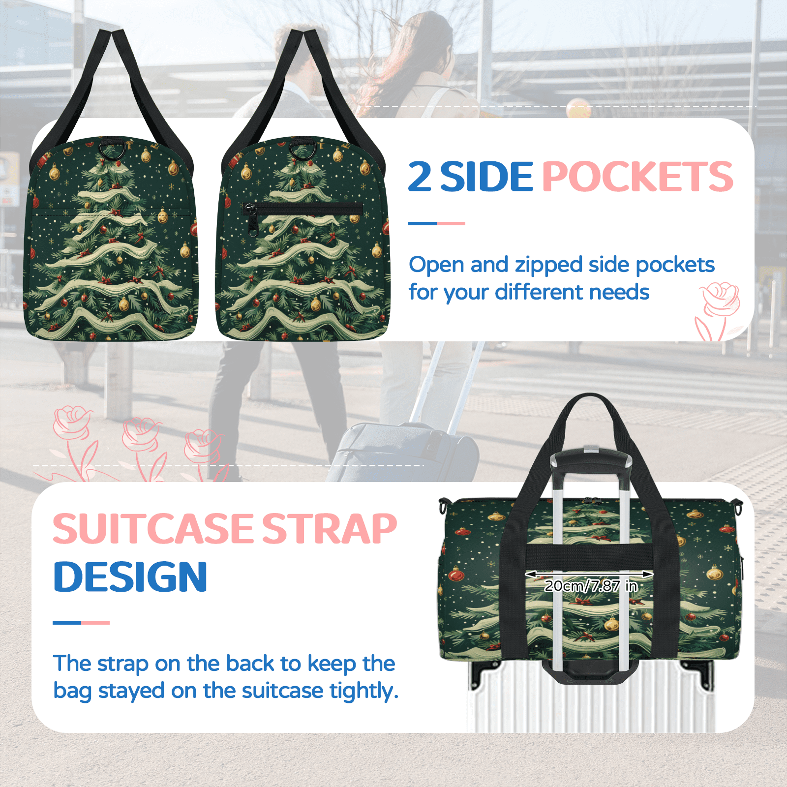 Herdesigns Christmas Travel Duffle Bag Sports Yoga Weekender Overnight Carry on Workout Bags Lightweight Waterproof Gym Tote Bag for Women Christmas Tree