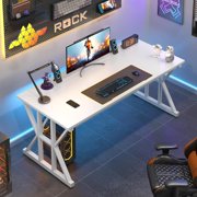 Computer Desk, 55 inch Large Office Desk, Study Writing Table with Thicken Frame, Gaming Desk, Modern Simple Desk for Home Office, White