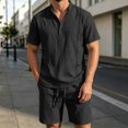 thumbnail image 4 of Uwinwear Men's Linen Casual 2 Piece Outfit Mock Neck Short Sleeve Shirt and Side Button Shorts Set Casual 2 Piece Summer Outfit,Black,S, 4 of 6