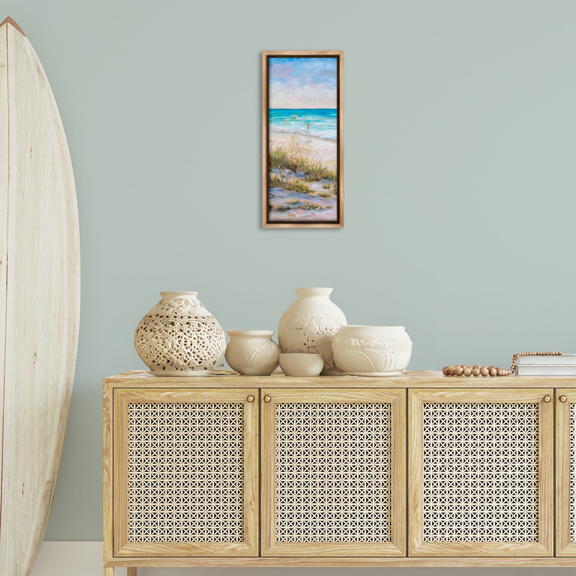 Stupell Industries Peaceful Beach Reeds Landscape Painting Brown Floater Framed Canvas Art Print Wall Art, 11 x 25