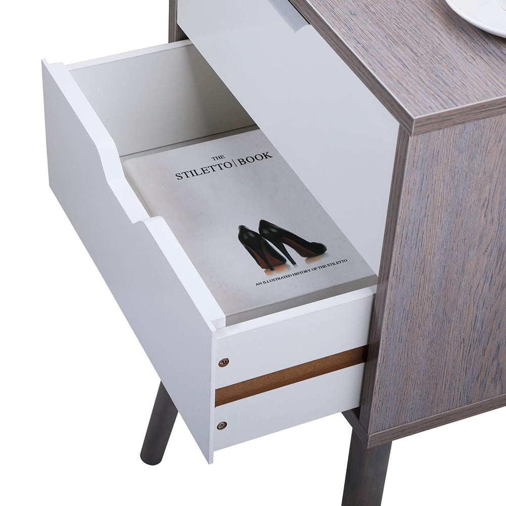 Kadyn Bedside Table for Bedroom, Mid Century Modern Side Table with 2 Drawer for Nursery, End Table with Storage and Solid Wood Legs for Living Room, Gray