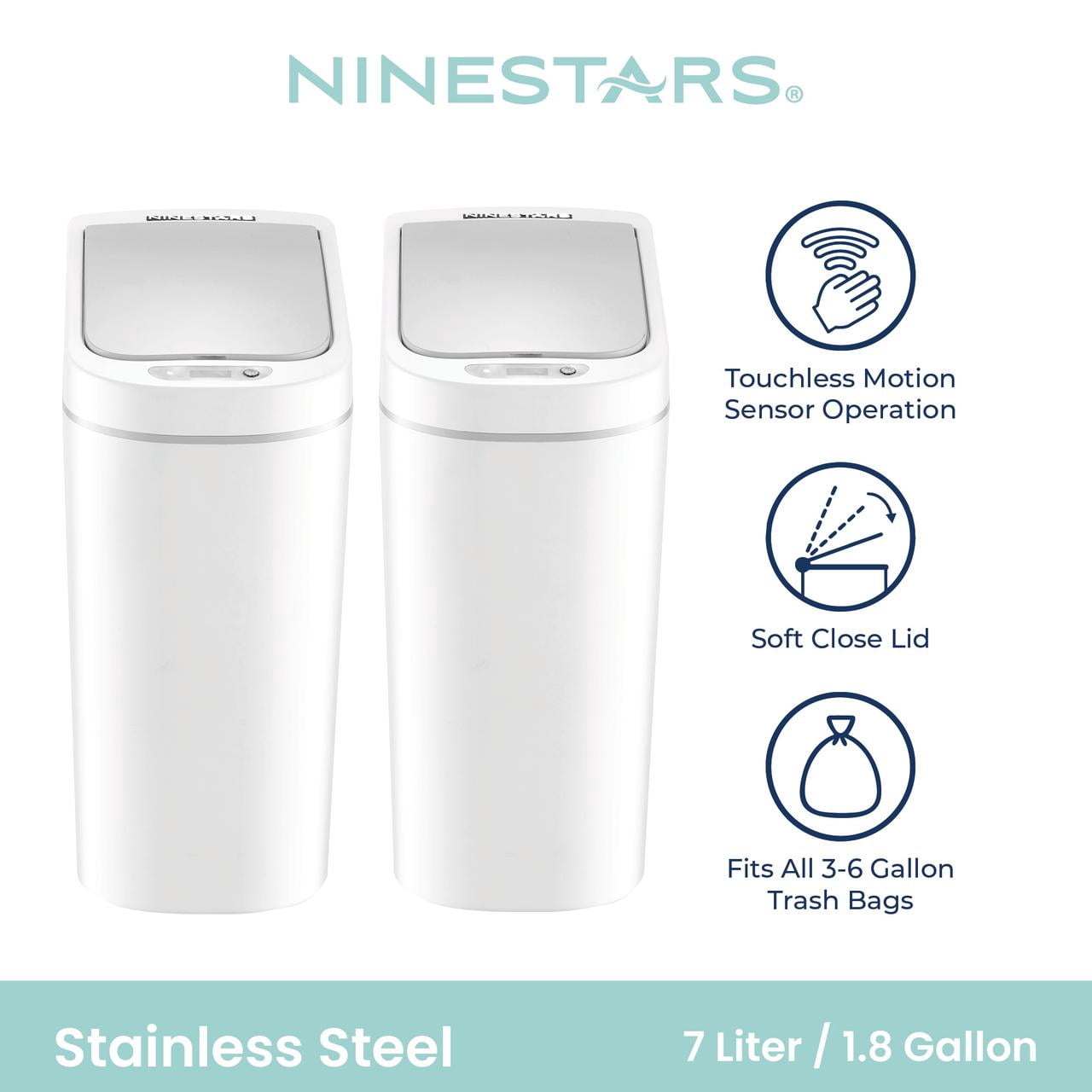 Nine Stars Automatic Bathroom Trash Can, 2 Gallon Plastic, Motion Sensor Garbage Bin with Soft Close Lid, White, 2 pack