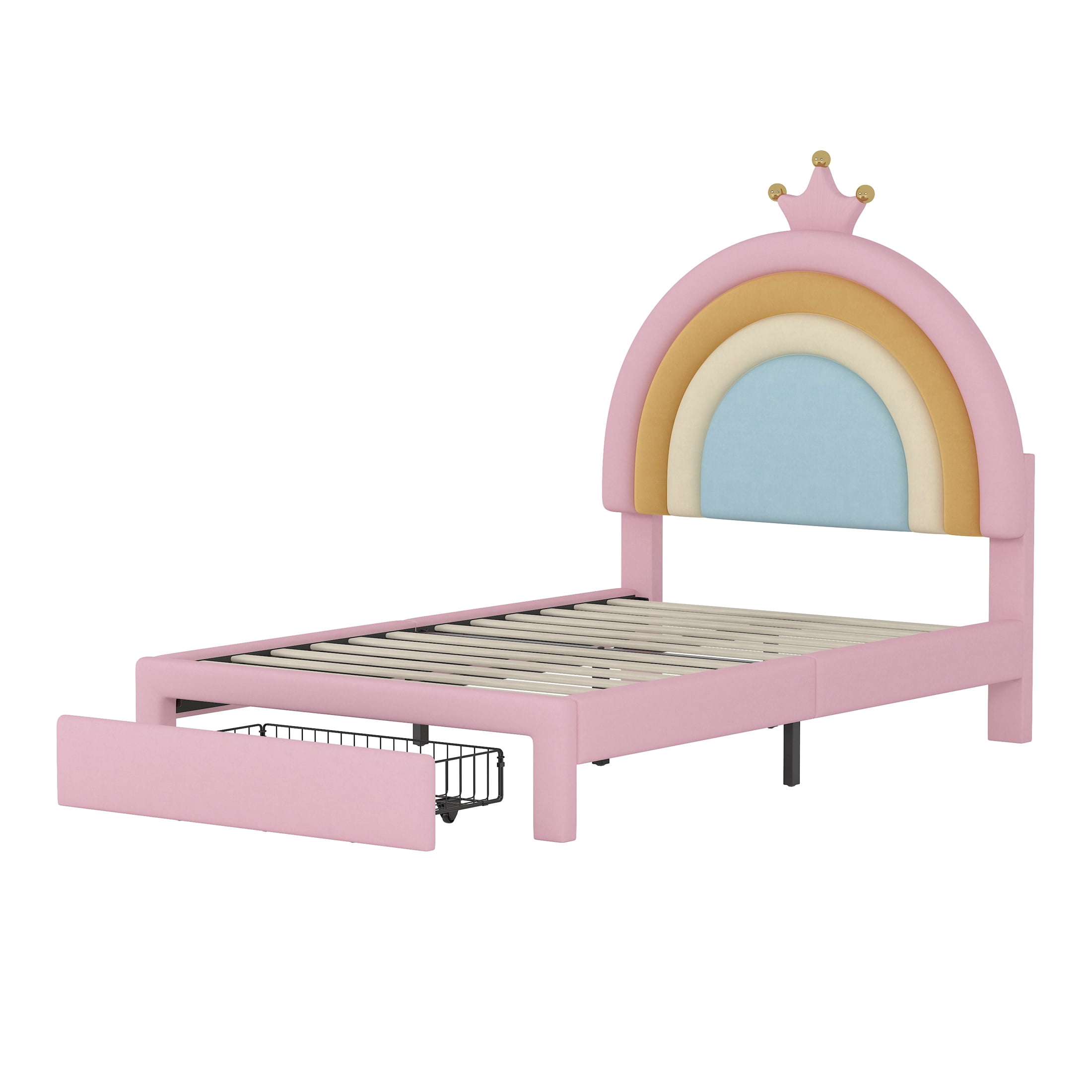 Cute Rainbow Twin Size Bed Frame for Girls,Velvet Princess Twin Bed Frames with Headboard and Drawers,77.5"x40.5"x47",Pink