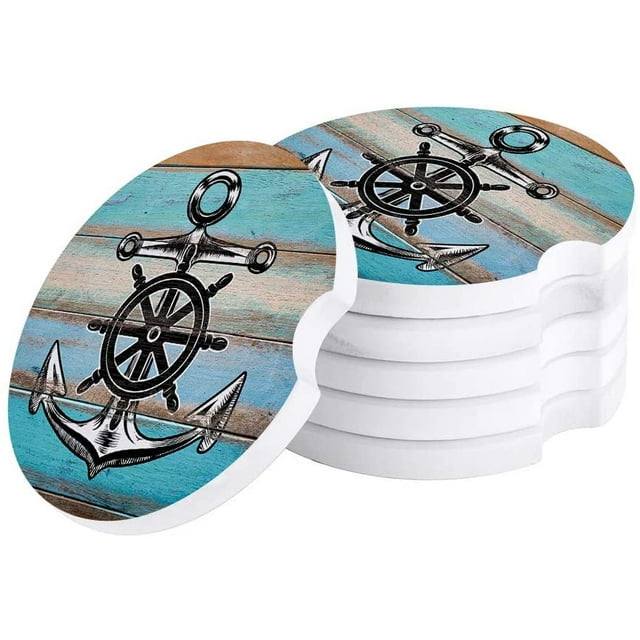 RYLABLUE Nautical Style Anchor and Vintage Wooden Planks Set of 4 Car Coaster for Drinks, Absorbent Ceramic Stone Coasters Cup Mat with Cork Base for Home Kitchen Room Coffee Table Bar Decor