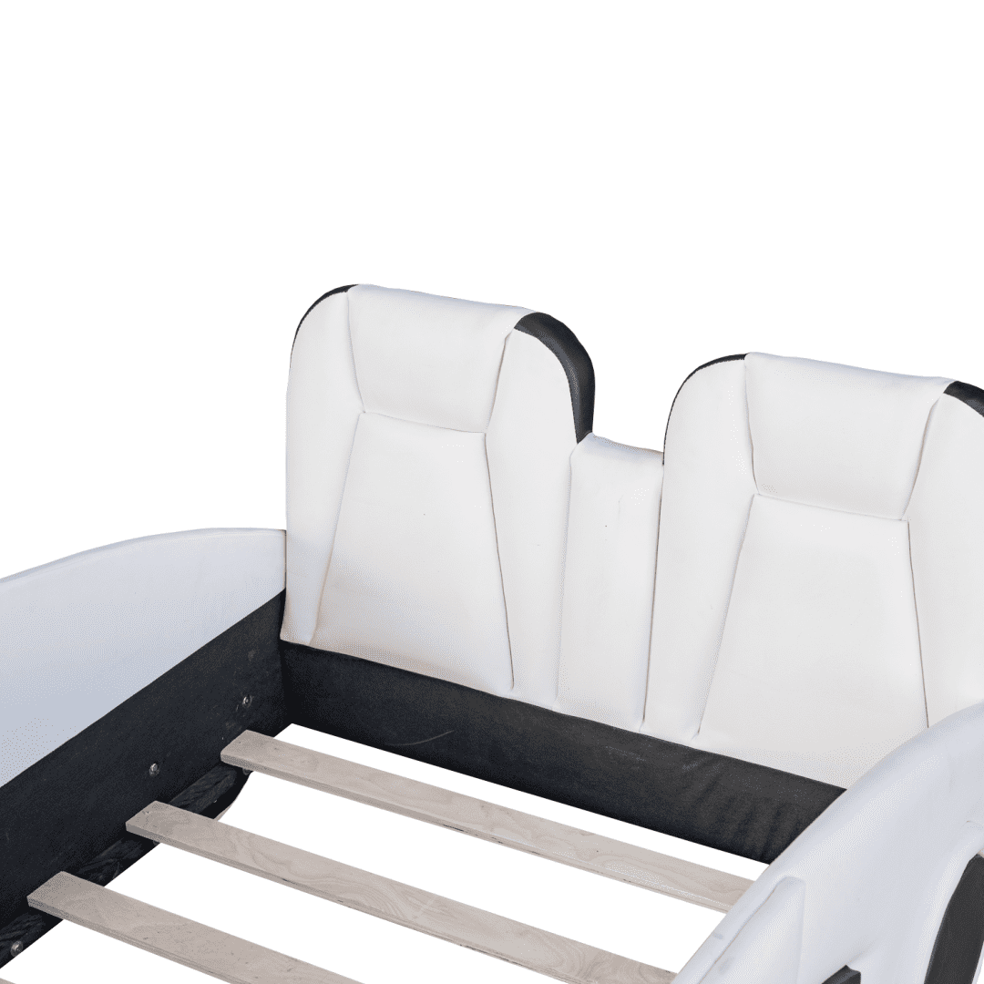 Tcbosik Twin Size Race Car-Shaped Platform Bed, Faux Leather Upholstered Bed Frame, Wood Slats Support, Easy Assembly, White