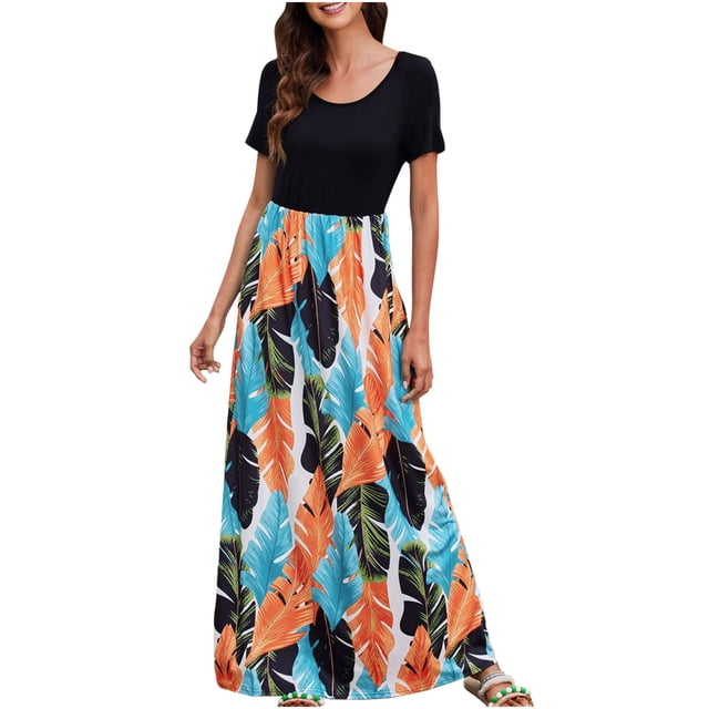 Vestido maxi largo estampado floral de manga corta con cuello redondo informal de verano para mujer Pompotops ghjkhdj10826