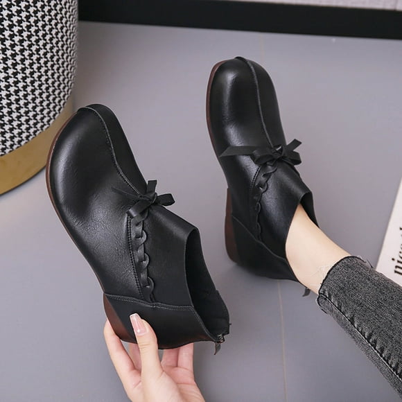 EGNMCR Ankle Boots for Women And Winter New Retro Small Leather Women's Bow Back Zipper Low