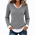 thumbnail image 2 of Women's Casual 2 in 1 Pullover Long Sleeve Layered Shirts V Neck Solid Color Blouse Fall Fashion Outfits, 2 of 9
