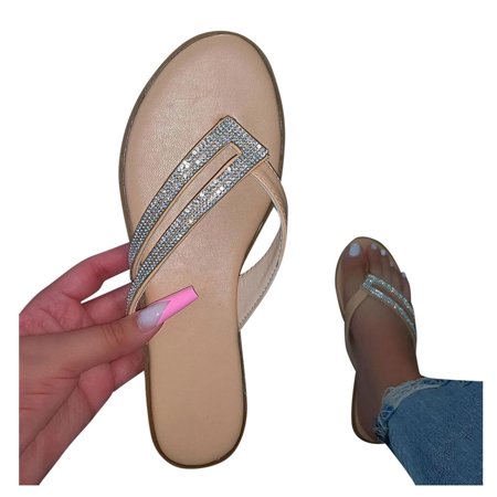 

A1 new home gifts for home Summer Women s Flip-Flops Open Toe Rhinestone Casual Beach Shoes Flats Slippers Pu Beige