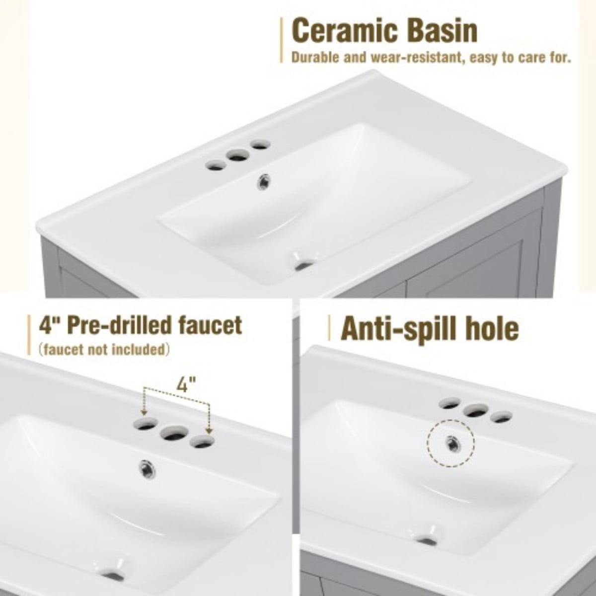 30" Bathroom Vanity with Sink, Modern Bathroom Cabinet with Ceramic Undermount Sink, Solid Wood Frame Storage Cabinet with Soft Close Doors, Drawer Organizer, Gray