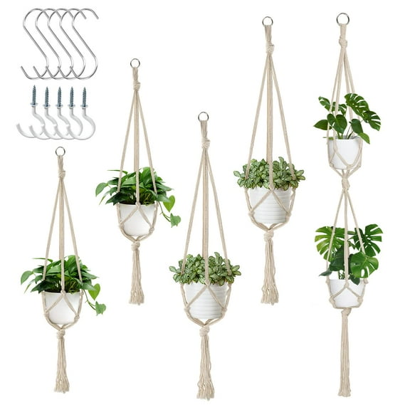 NAISHIER 5 Pack Macrame Plant Hangers, Indoor Hanging Plant Holder with S Hooks and Hook Nails, 3 Sizes 34"/40"/54", Handmade Macrame Planter Hanging Baskets for Small Plant Pots, Boho Home Decor