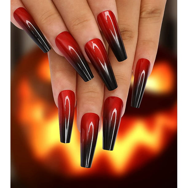 24Pcs Long Coffin Press on Nails Ombre Black Red Halloween Fake Nails  Glossy Ballerina Stick on Nails Acrylic Artificial False Nail Tips Finger  Nail Art for Women (Black Red Ombre Coffin) -