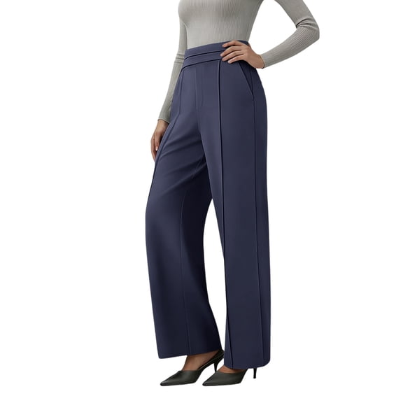 hlysgo Womens Dress Pants Causal Elastic Waist Straight Wide Leg Trousers Business work Officewear Pant with Pockets Navy,L