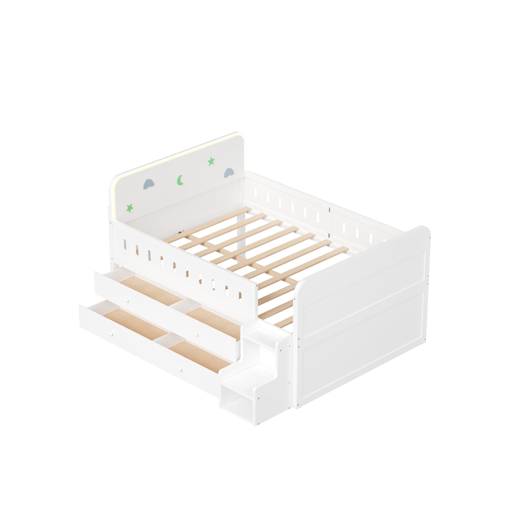 Euroco Wood Full Size Platform Bed with 4 Drawers and LED Light, Low Profile Kids Bed with Storage, White