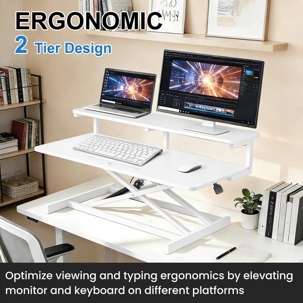 Height Adjustable 37 inch Stand Up Desk Converter, Quick Sit to Stand Tabletop Duals Monitor Riser Workstation, Black