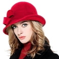 thumbnail image 3 of JUNWELL Womens Solid Color Bucket Hat Casual Lady Bowler Hat 100% Wool Winter Cap Cloche with Bow Accent Red, 3 of 6