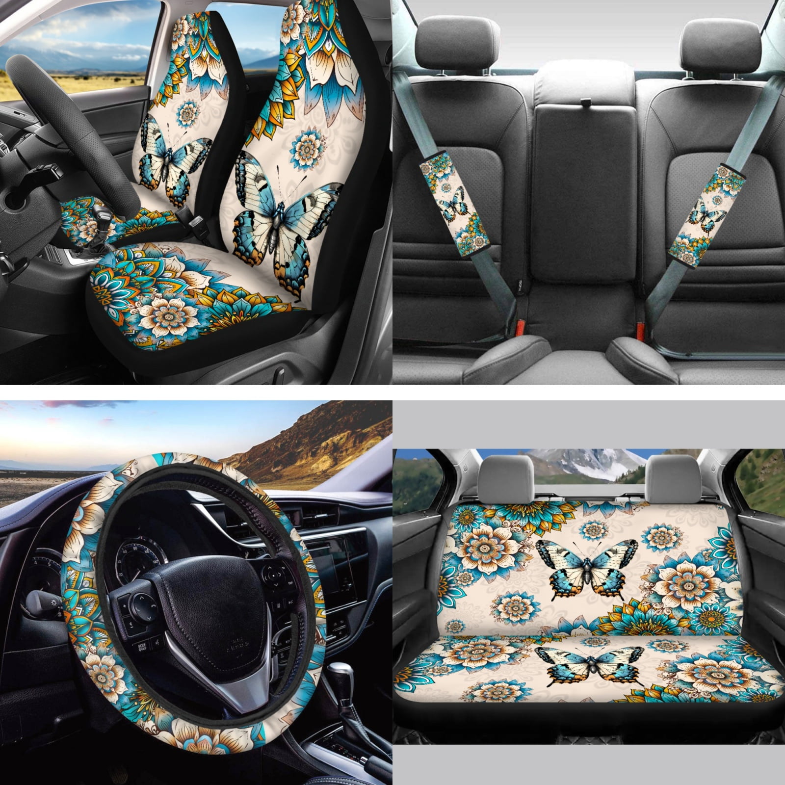 Jeiento Butterfly Car Seat Covers Set of 13 Car Seat Belt Pad Cover Dahlia Steering Wheel Cover Car Trash Can Rear View Mirror Cover Car Cup Coasters Keychains Chapstick Holder Universal Fit