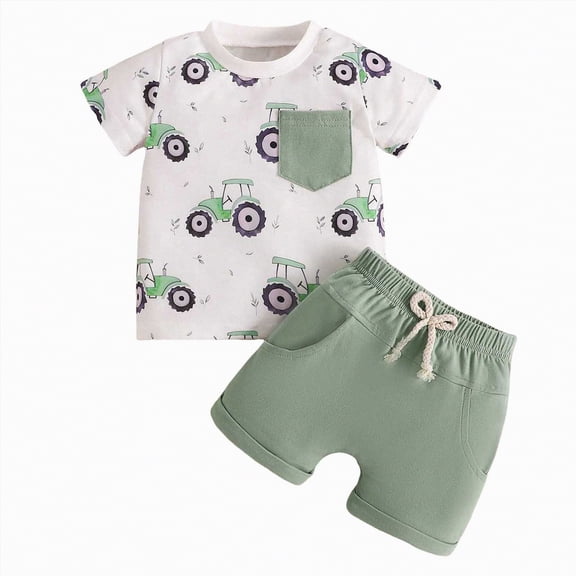 HCNTES Toddler Boy Summer Clothes Cute Tractor Print T-Shirt & Shorts Set Lightweight Toddler 2Pcs Outfit