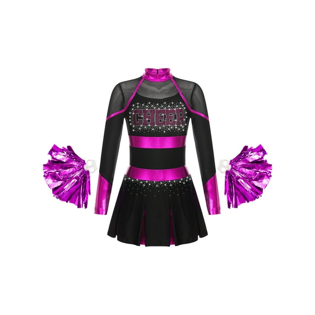 YiZYiF Robe de Danse Cheerleading pour Filles Manches Longues Uniforme de Chef de Cheerleading Costume de Fête Cosplay Halloween avec Pompon Noir&Rose Vif 8