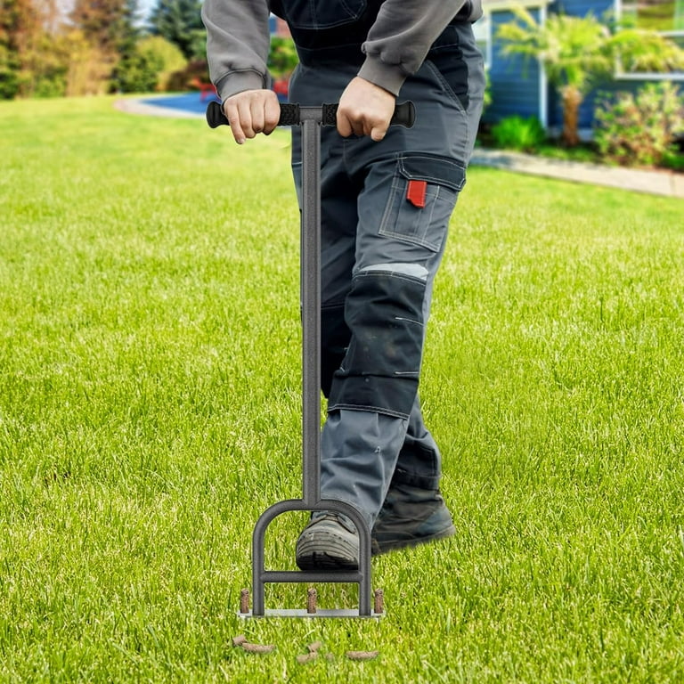 Dolibest Lawn Coring Aerator Stainless Steel 4 Corer Plug Aerator Tool with Soft Rubber Grip Manual Grass Aerating Tool Garden Tool Cleaning Hand Tool for Loosening Soil and Improving Lawn Health