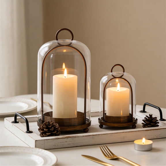Threns Versatile Metal Candle Holder Set with Handmade Glass Dome,Antique Brass Pillar Candle Stand, 5.2" & 4.1" Wide for Tabletop or Hanging, Industrial & Farmhouse Decor