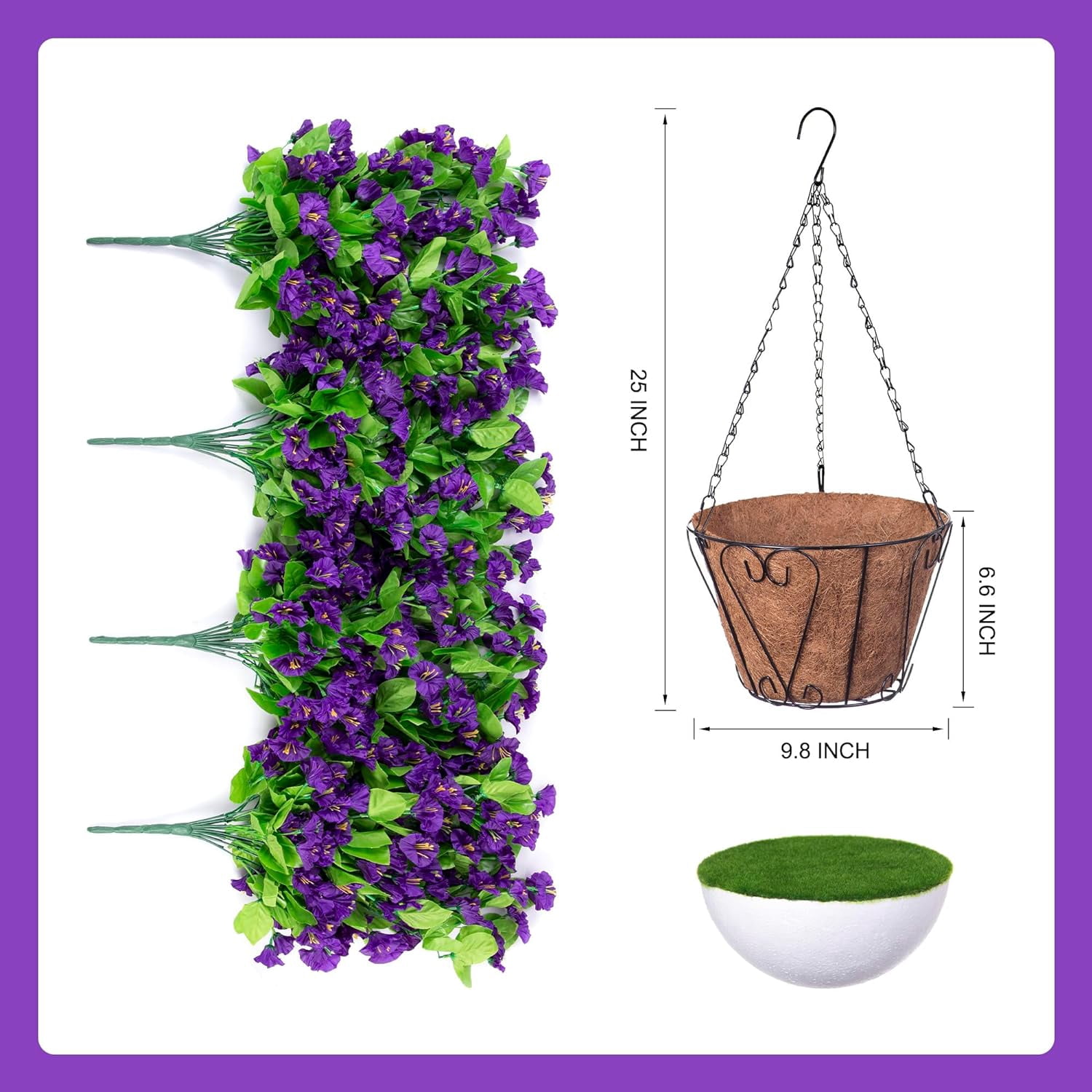 Artificial Faux Hanging Flowers Basket for Spring Outdoor Porch Decoration, Fake Silk Colorful Morning Glory Eucalyptus in Planter UV Resistant Look Real for Home Balcony Yard(Red Purple)