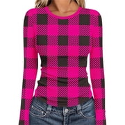 MHOSTAFH Women's Long Sleeve Tops Knitted Tight Fit Crewneck Shirts Checkered Printed Casual Blouse Trendy Outfits