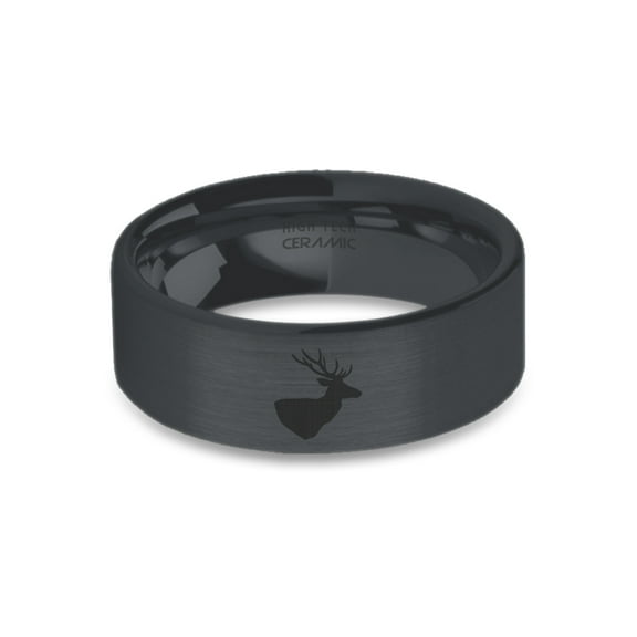 Stag Head Deer Engraved Black on Black Brushed Ceramic Wedding Ring, 8mm, Size 15