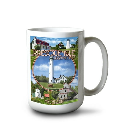 

15 fl oz Ceramic Mug Presque Isle Michigan Lighthouse Montage Dishwasher & Microwave Safe