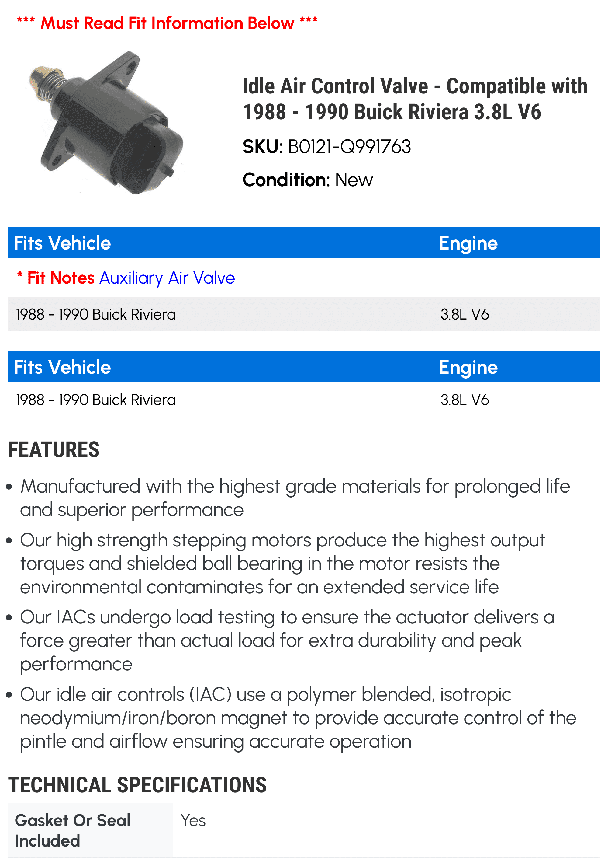 Idle Air Control Valve - Compatible with 1988 - 1990 Buick Riviera 3.8L V6 1989