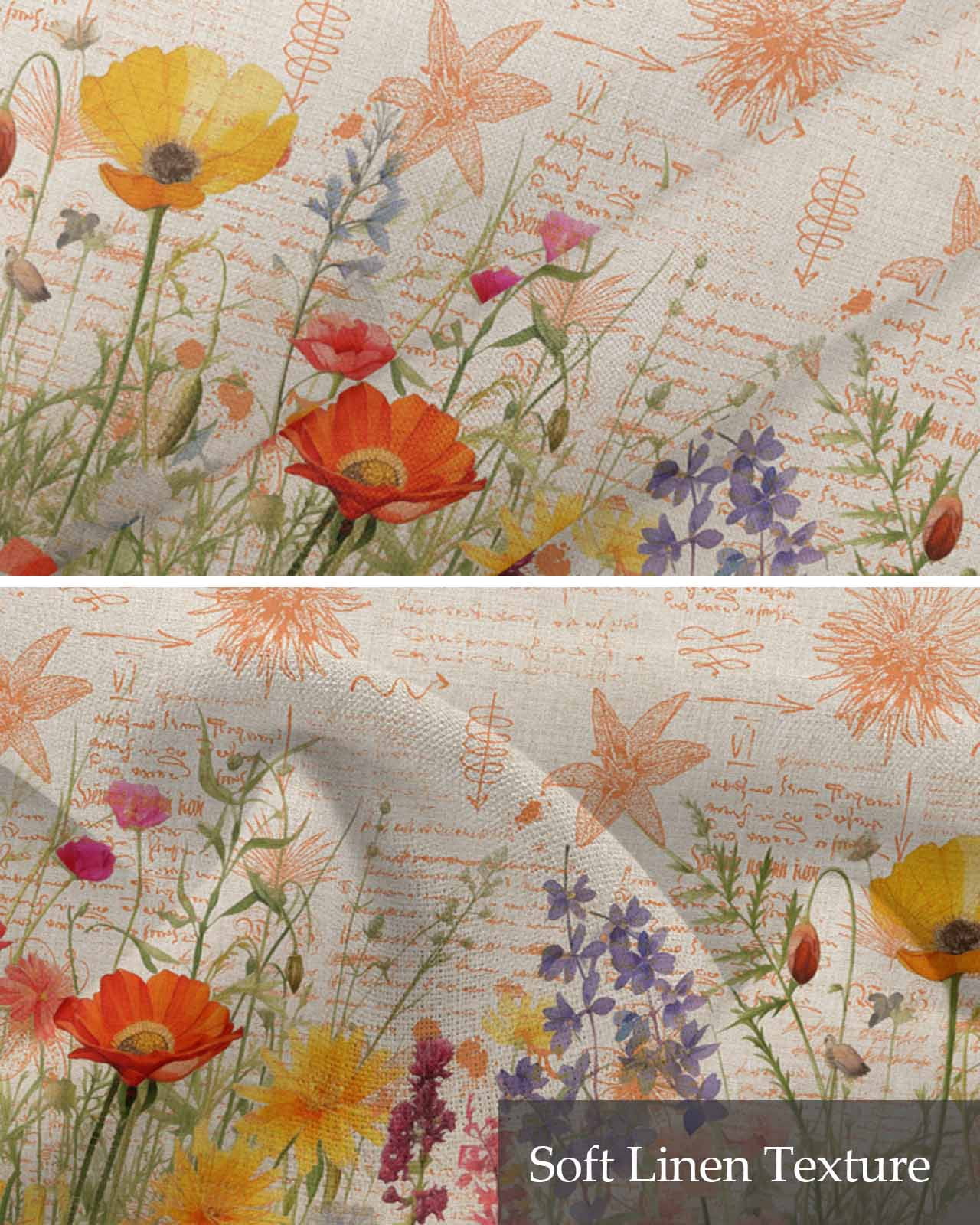 Orange Floral Linen Curtain Valance for Bedroom/Bathroom/Kitchen/Office/Living/Dining Room Windows,Vintage Botanical Flower Plant Herbs Rod Pocket Topper Drapes Decorative Cafe Drapery Panel 42x18