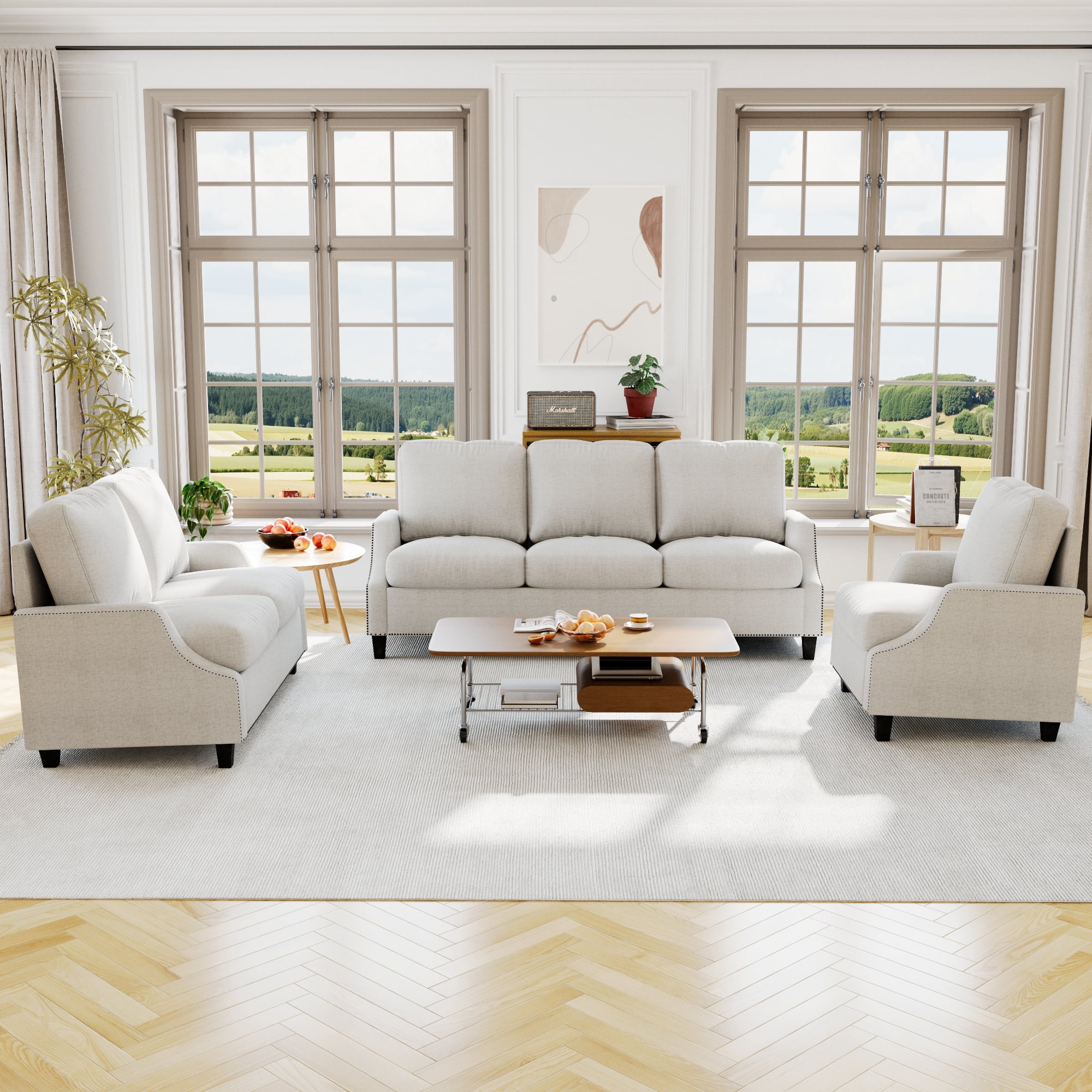 Aukfa 3 Piece Living Room Sofa Set, Modern Upholstered Sectional Couch with 3 Seater Sofa, Loveseat and Armchair, Furniture Set, Beige